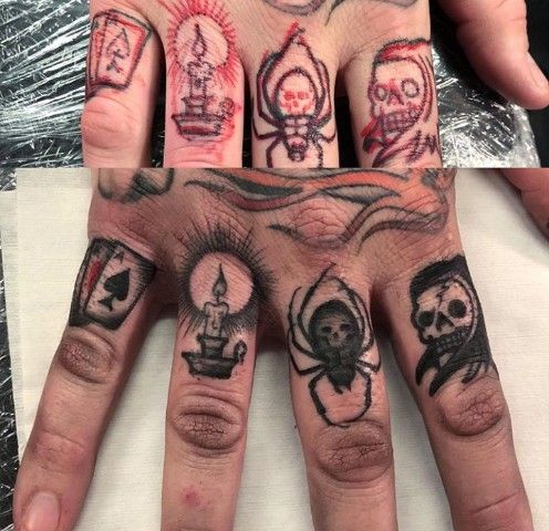 two hands with different tattoos on them