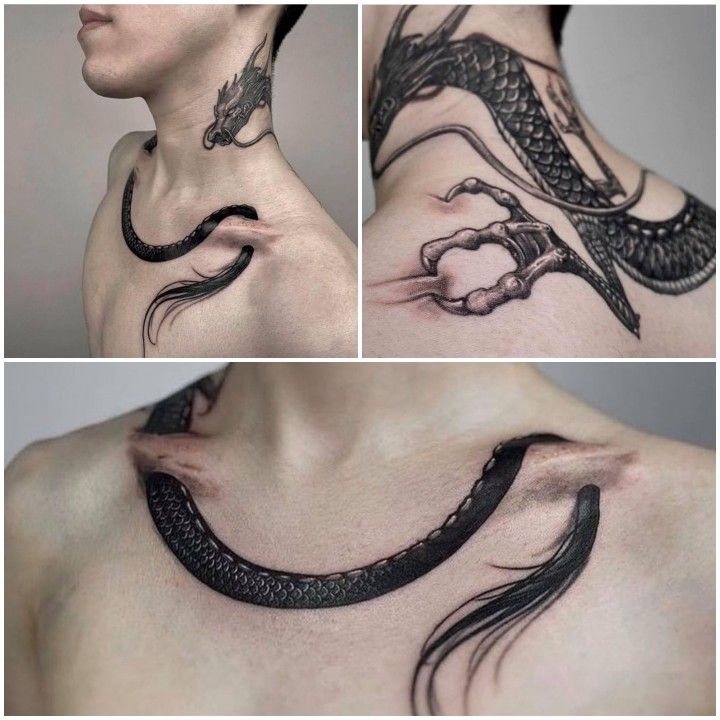 the neck is covered in black ink and has a dragon on it