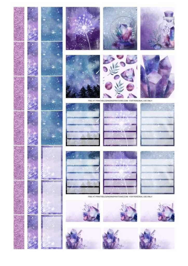 purple and blue paper with flowers, leaves and snowflakes on it's side