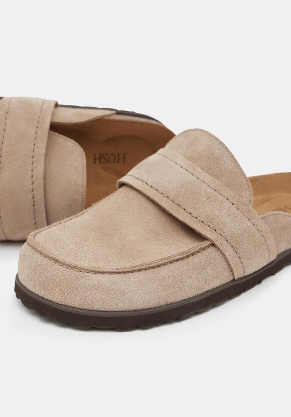 Pia Padded Suede Mules Casual Slides With Suede Lining And Round Toe, Beige Suede Mules With Rubber Sole, Casual Beige Slides With Leather Sole, Fall Leather Footbed Closed Toe Mules, Comfortable Mules With Leather Sole For Fall, Fall Closed Toe Mules With Leather Footbed, Beige Round Toe Mules With Suede Lining, Beige Mules With Suede Lining And Round Toe, Leather Footbed Slip-on Mules For Fall