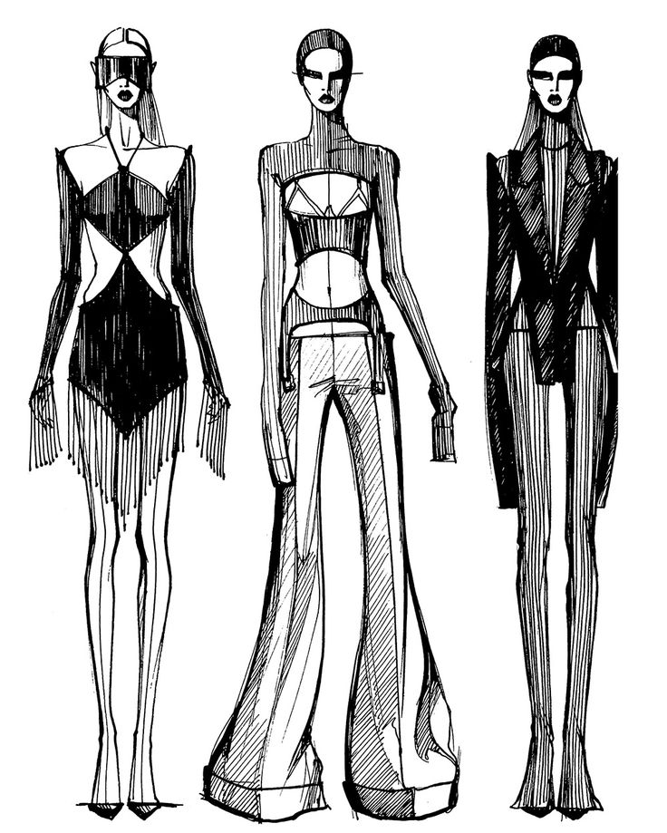 three women's fashions on the runway, one in black and white ink