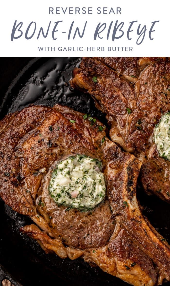 grilled steaks with herb butter on a black plate