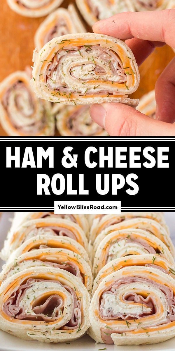 ham and cheese roll ups on a white plate with text overlay that reads ham and cheese roll ups