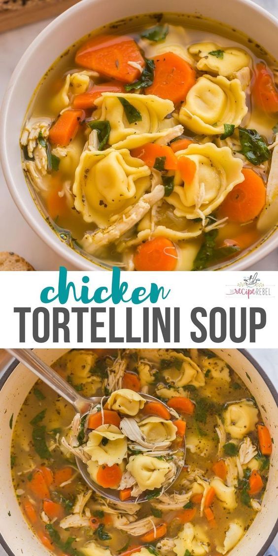 chicken tortellini soup in a white bowl with a spoon