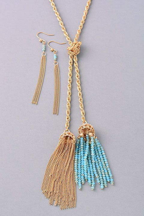 Double Down Tassel Necklace: Blue from privityboutique Blue Lariat Necklace With Adjustable Chain, Blue Long Lariat Necklace With Adjustable Chain, Blue Lariat Jewelry For Party, Elegant Blue Fringe Jewelry, Elegant Turquoise Tassel Earrings With Fringe, Elegant Turquoise Tassel Fringe Earrings, Elegant Turquoise Tassel Earrings, Blue Beaded Tassel Long Necklace, Blue Tasseled Jewelry As Gift