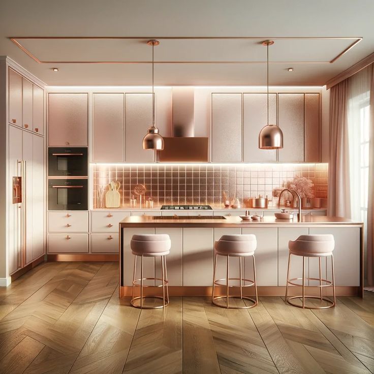 a kitchen with two stools in front of the counter and an oven on the other side