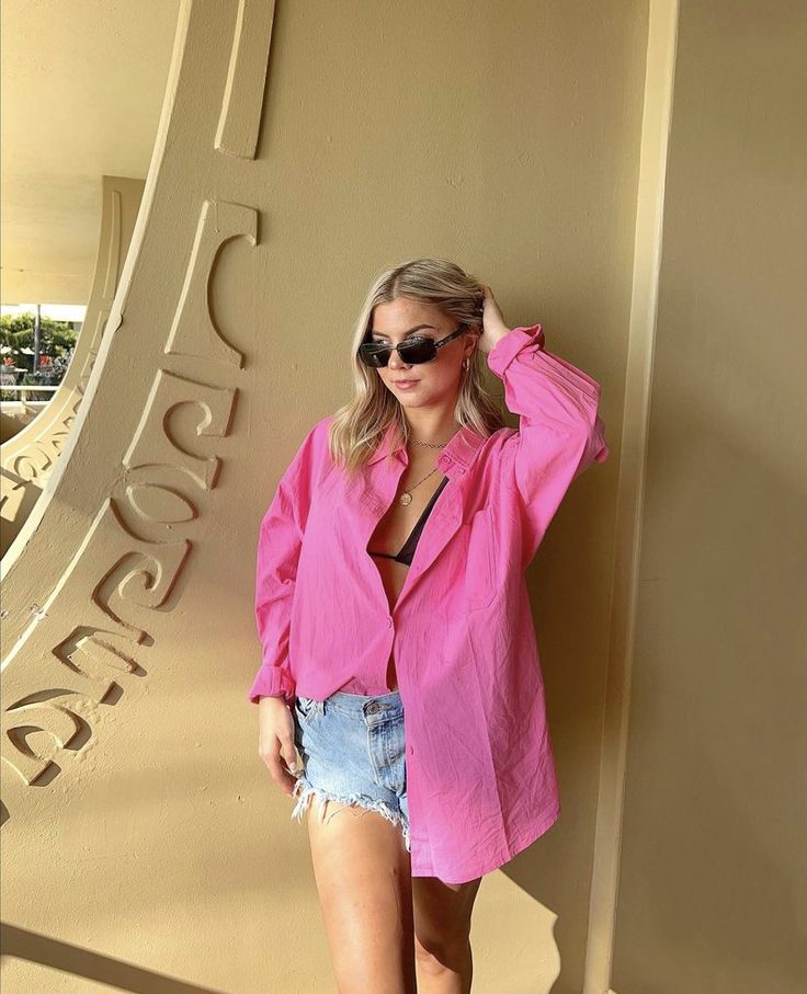 Hot Pink Button Up Shirt Outfit, Oversized Polo Shirt Outfit, Flannel With Shorts, Pink Button Up Shirt Outfit, Button Shirt Outfit, Polo Shirt Outfit Women's, Button Up Shirt Outfit, Pink Button Up Shirt, Polo Shirt Outfits