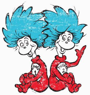 two cartoon characters with blue hair sitting next to each other