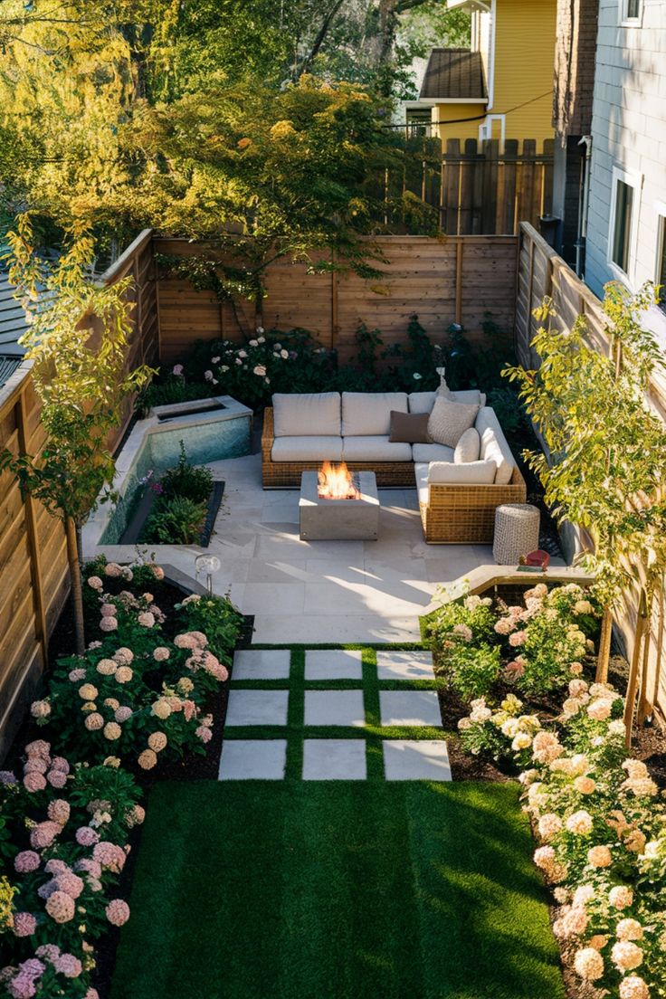 Backyard garden with a cozy seating area around a fire pit, surrounded by flowers and greenery. Small Backyard Retreat, Garden Ideas Small Backyard, Long Yard Landscaping Ideas, Small Backyard With Garden, Small Grass Backyard Ideas, All Patio Backyard, Small Slanted Backyard Ideas, Amazing Small Backyards, Landscape Small Backyard