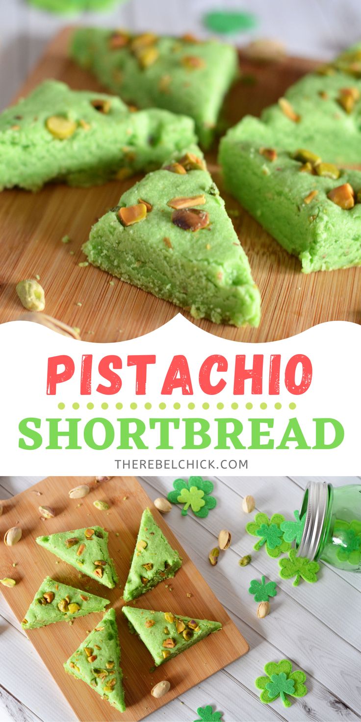 pistachio shortbread with green frosting and gold sprinkles on a cutting board