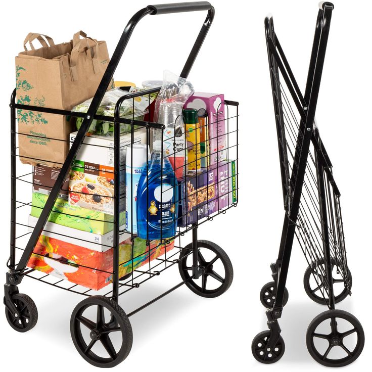 two black shopping carts with grocery bags and drinks in them, one is full of groceries