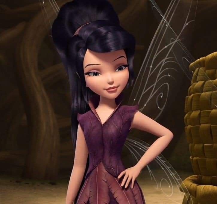 a cartoon character in a purple dress standing next to a stone wall and looking at the camera