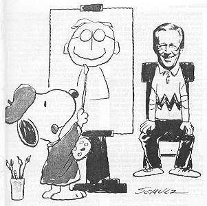 an old cartoon drawing of a man and woman in front of a easel with a dog on it