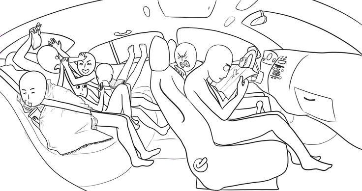 a line drawing of people sitting in the back seat of a car