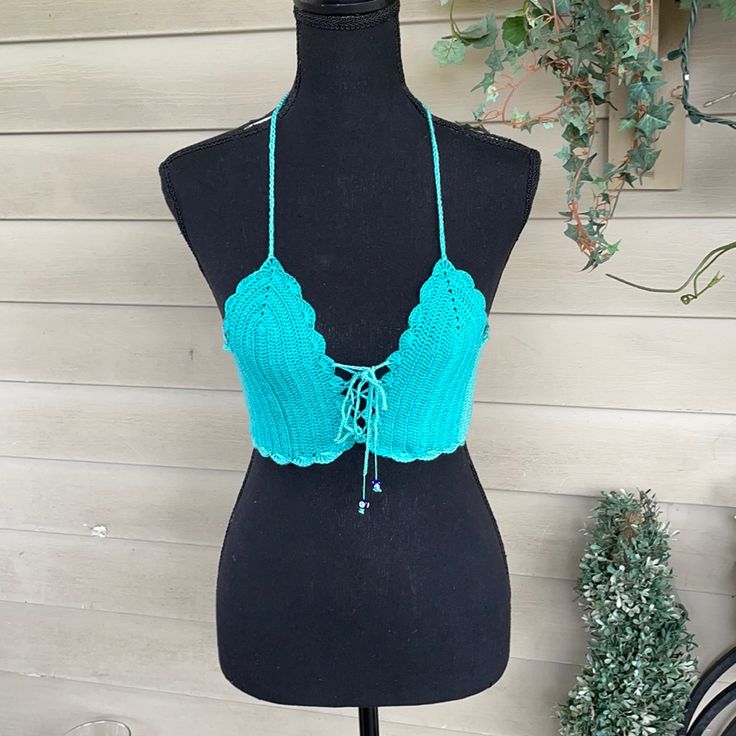 Beautiful Handmade Crochet Bikini Top , One Size Fits For Small-Medium-Large %100 Cotton Top Can Be Worn In Water And Is Hand Washable. This Top Has A Tie On The Neck And Mid Front , Which Adjusts To Any Body Type This Handmade Crochet Top Is Perfect To Use As A Bikini Top, Or As A Bralette. It's 100% Handmade, Ready To Ship ! Also Can Amake Custom Order, Different Size Or Color ,Which Allows You To Choose The Perfect Size And Color. S33 Fitted Blue Swimwear For Beach Cover-up, Bohemian Blue Halter Neck Swimwear, Blue Triangle Crop Top For Summer, Fitted Blue Halter Top For Beach Party, Blue Triangle Top Crop Top For Beach Season, Blue Halter Crop Top For Vacation, Fitted Triangle Top For Beach Party, Blue Halter Neck Top For Beachwear, Blue Beachwear Halter Top For Beach Party