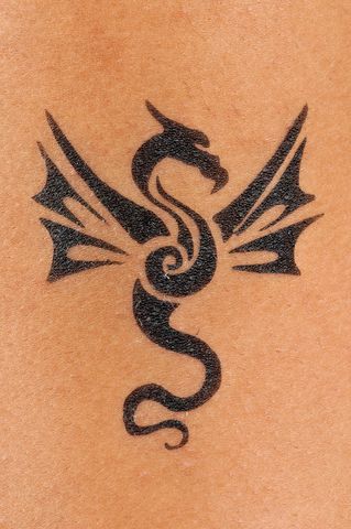 a black dragon tattoo on the back of a woman