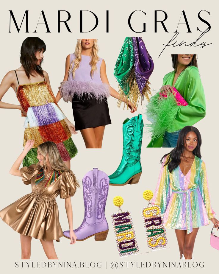 the cover of mardi gras fashions magazine featuring models in colorful outfits and boots