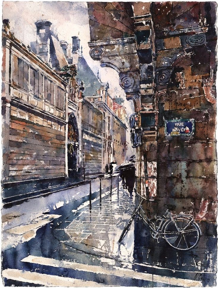 a watercolor painting of a city street