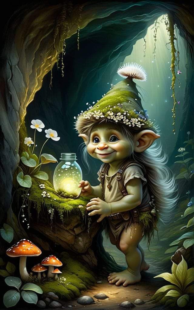 a painting of a troll holding a lantern in a cave with mushrooms and flowers on the ground