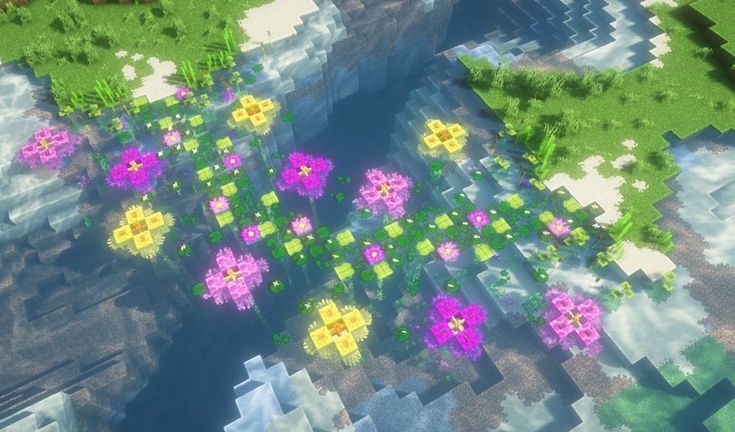 an aerial view of some flowers and trees