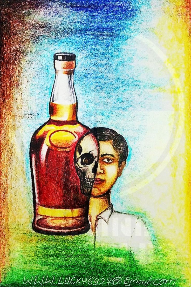 a drawing of a man with a skull on his face next to a bottle