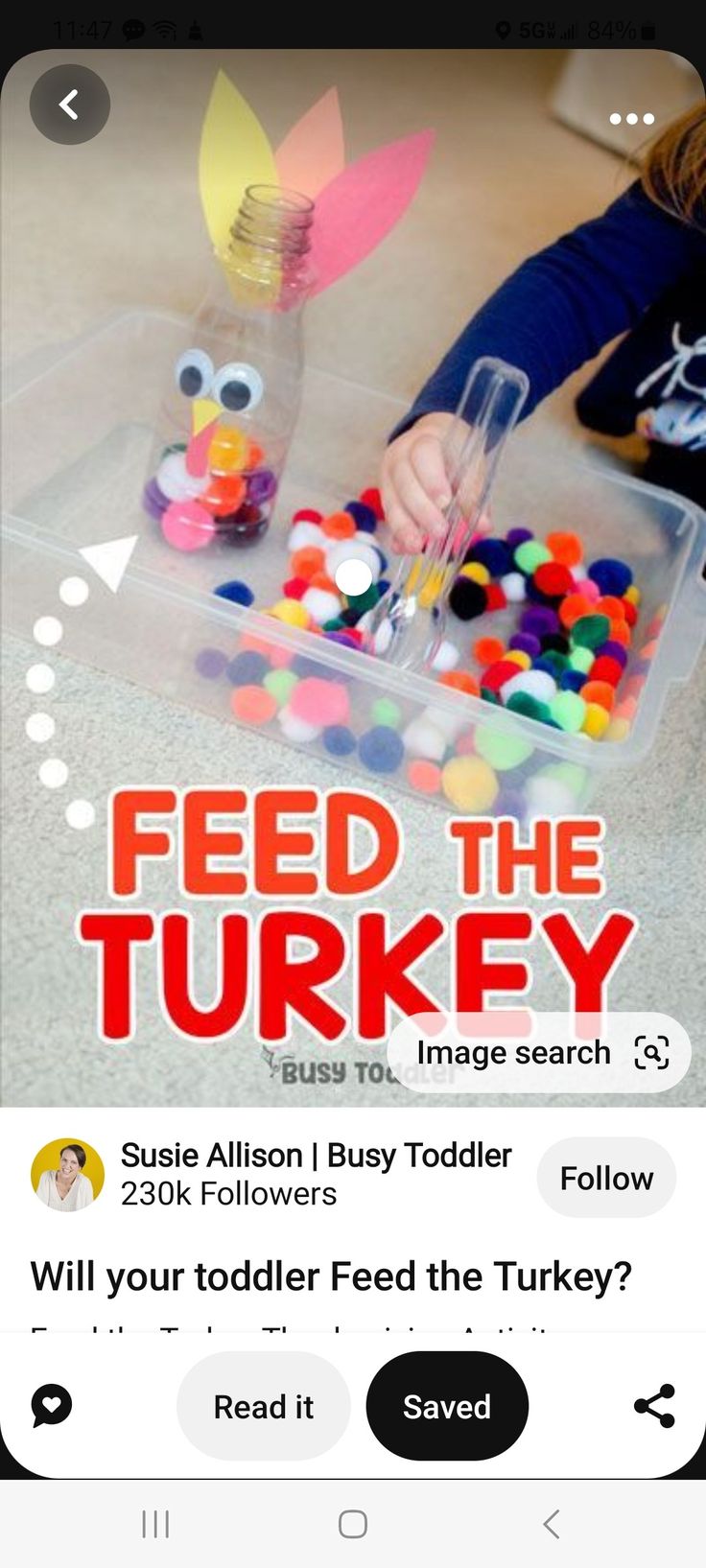 an iphone screen with the text feed the turkey on it and a photo of a child