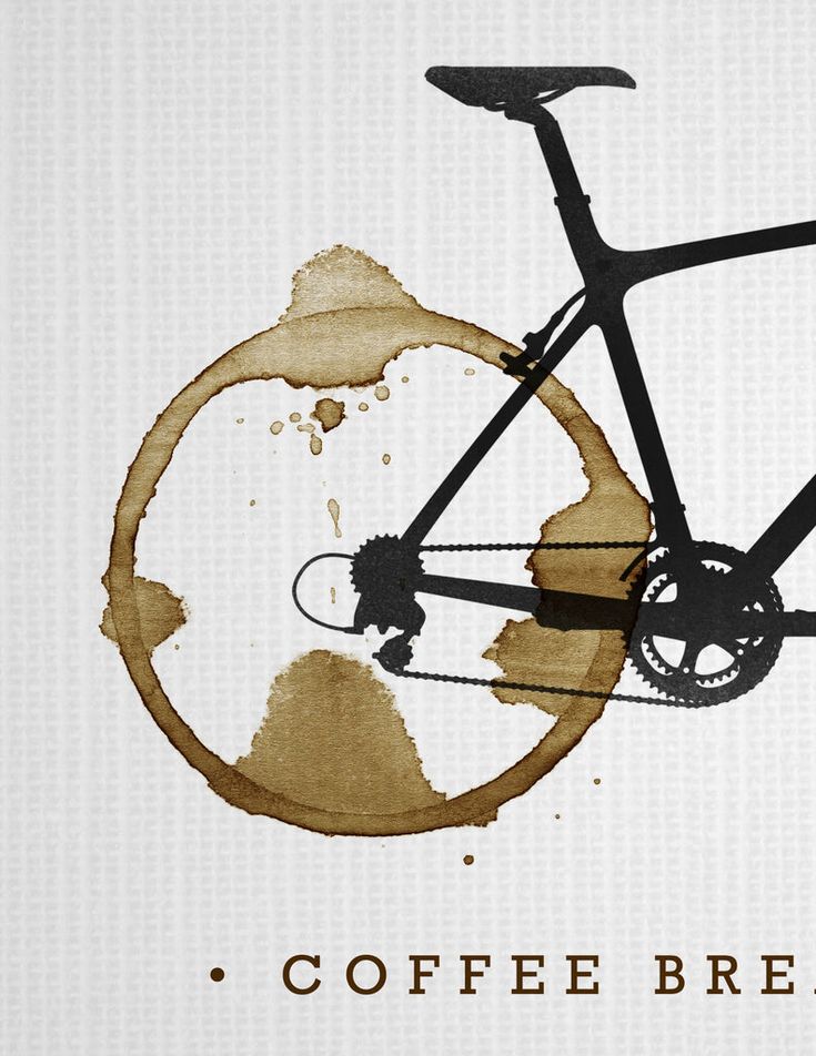 a coffee break poster with a bicycle in the middle and brown paint splattered on it