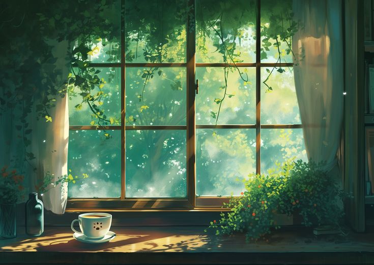 a painting of an open window with sunlight coming through the leaves on it and a coffee cup in front