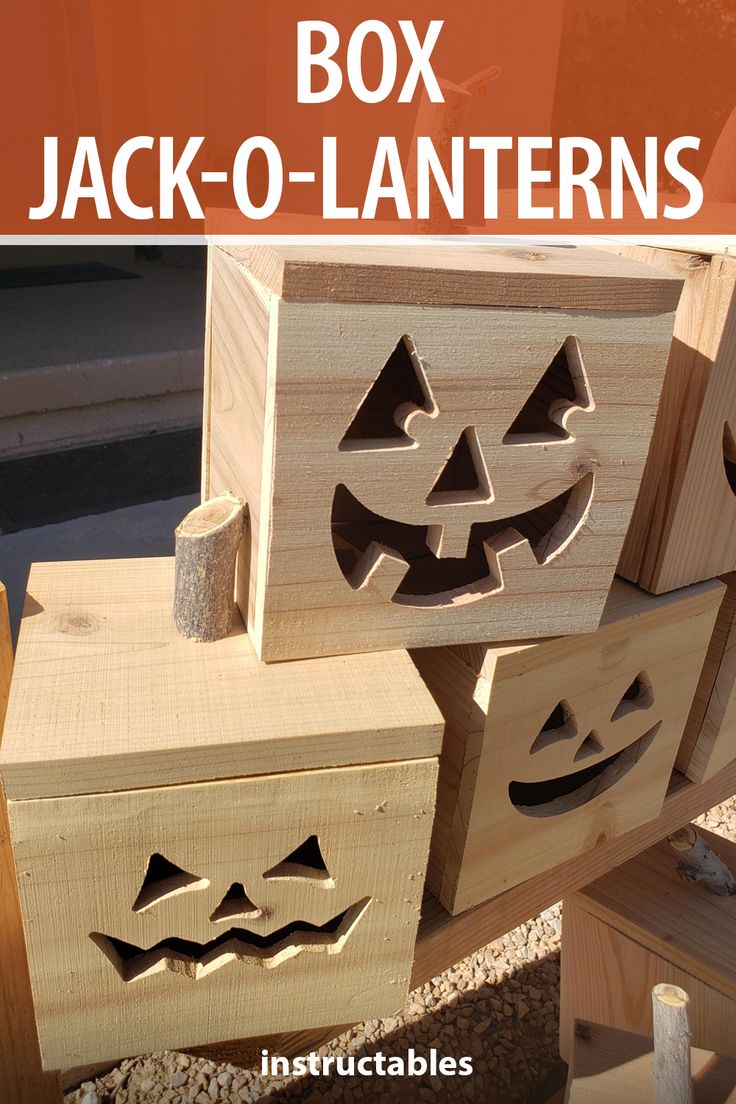 wooden boxes with carved jack - o'lanterns on them and text overlay that says box jack - o'lanternins