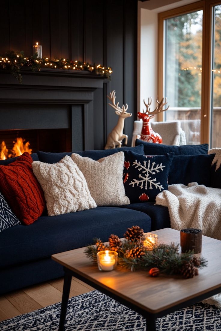 a living room decorated for christmas with candles and decorations on the coffee table in front of the fireplace