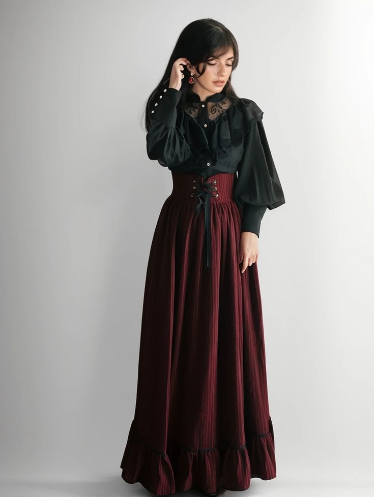 Lasaky - Sophisticated Black Shirt with High-Waisted Midi Skirt and Regal Floor-Length Skirt - Two-Piece Set Victorian Womens Clothing, Gothic Attire For Women, Fairytale Fashion Casual, Modern Elizabethan Fashion, Pose Reference Waist Up, Black And Red Clothing, Victorian Era Fashion Modern, Gothic Tea Party Outfit, Goth Maxi Skirt