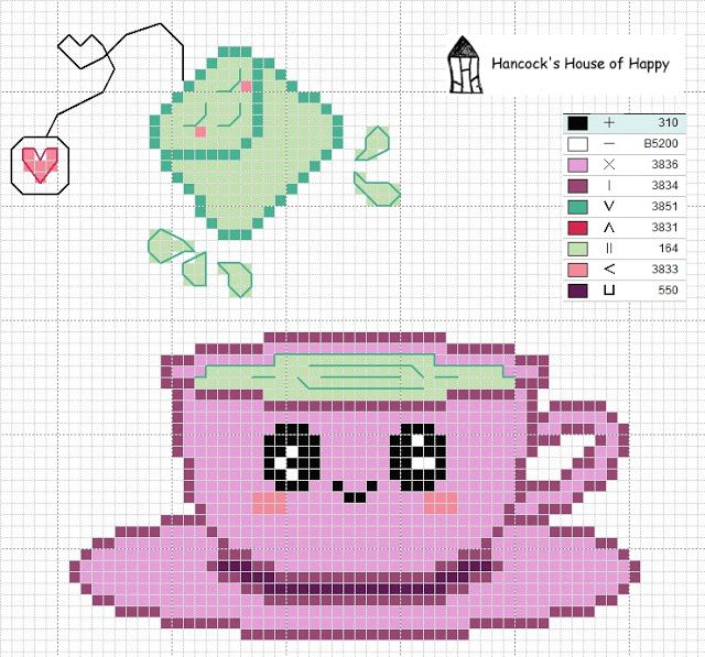 a cross stitch pattern with a pink coffee cup