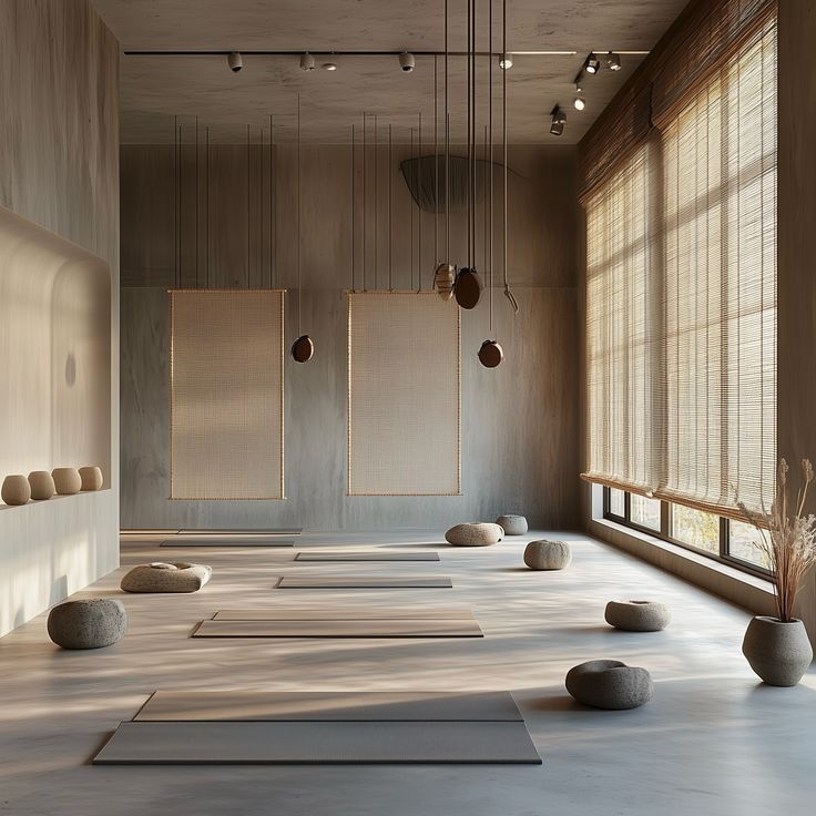 an empty room with yoga mats and stone balls on the floor in front of large windows