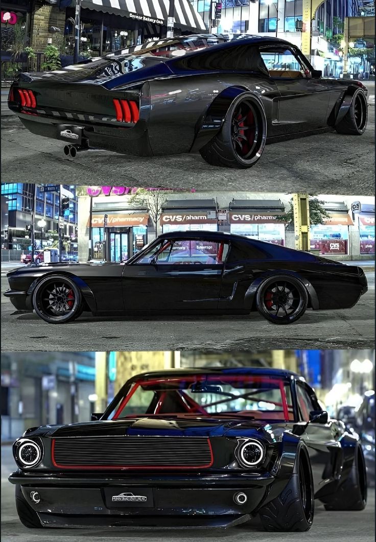 three different pictures of an old muscle car