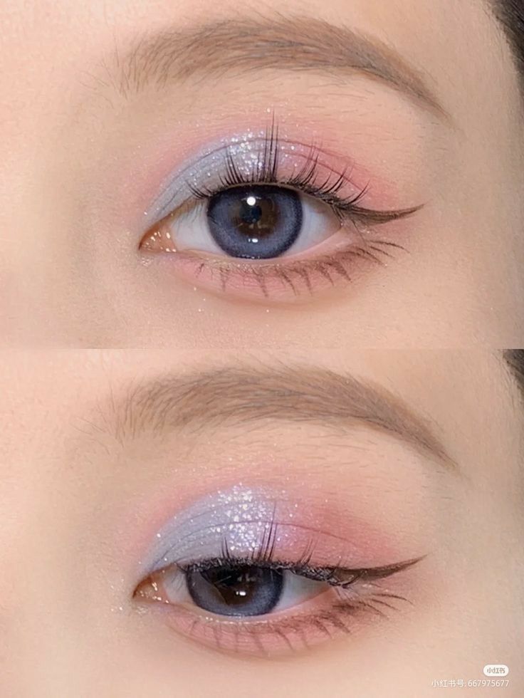 Pink And Blue Douyin Makeup, Colorful Natural Makeup, Simple Pastel Eye Makeup, Pink And Blue Eye Makeup, Pink And Blue Makeup, Soft Pink Makeup, Uni Makeup, Eyeshadow Makeup Tutorial, Soft Makeup Look