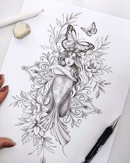 a drawing of a mermaid with butterflies on her head and flowers in the foreground