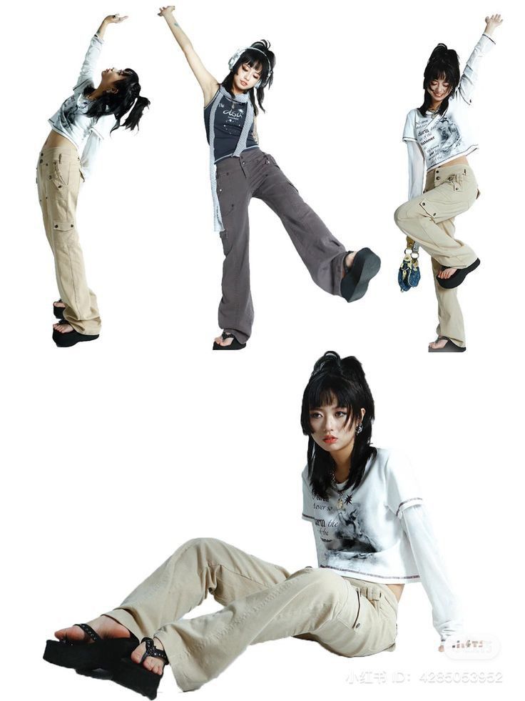 four young women are doing different poses in the air with their hands up and legs spread out