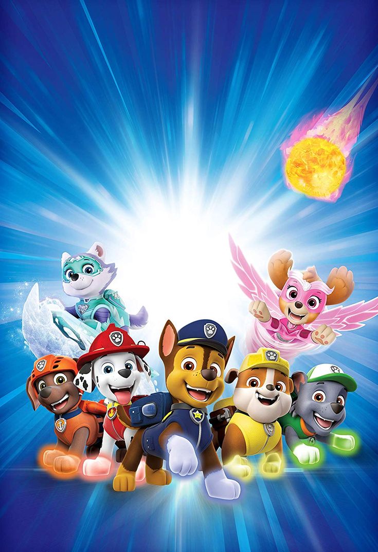 the paw patrol movie poster is shown with many different characters in front of a bright blue background