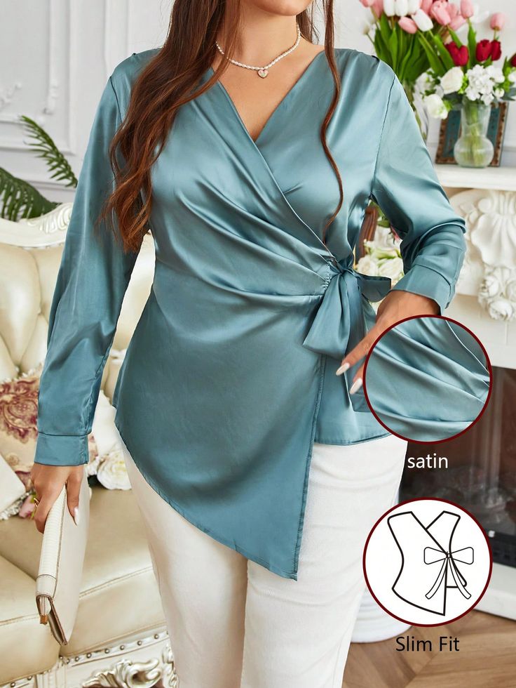 Plus Size Women's Solid Color V-Neck Twist Side Waist Long Sleeve Blouse, Spring Summer Green Elegant  Long Sleeve Woven Fabric Plain Top Non-Stretch  Women Plus Clothing, size features are:Bust: ,Length: ,Sleeve Length: Elegant V-neck Blouse In Solid Color, Elegant Blue V-neck Blouse Piece, Satin Tops Blouses Classy, Green V-neck Formal Blouse, Purple V-neck Formal Blouse, Knitting Yarn Diy, Casual Turquoise V-neck Blouse, Pyjama Satin, Summer Green