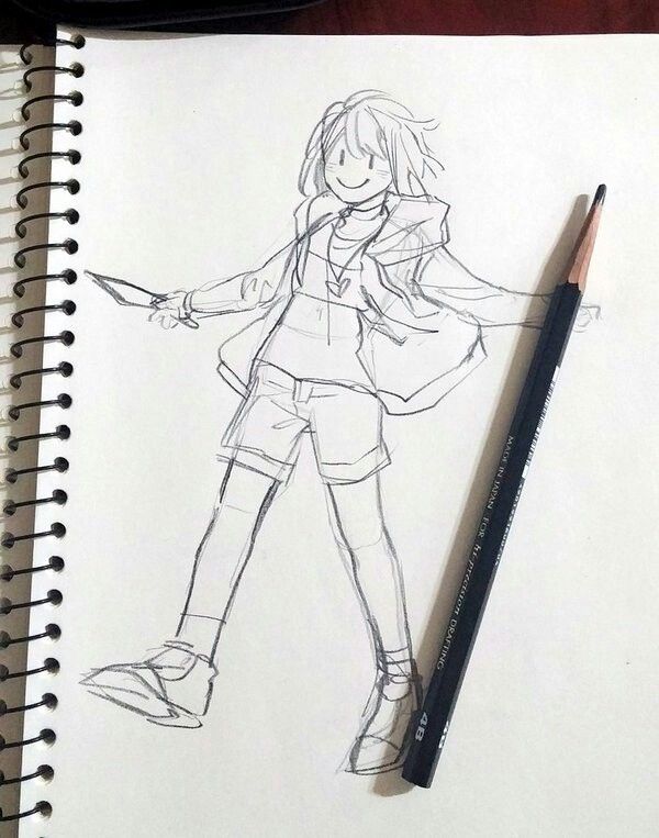 a drawing of a girl with a knife in her hand and a pencil next to it