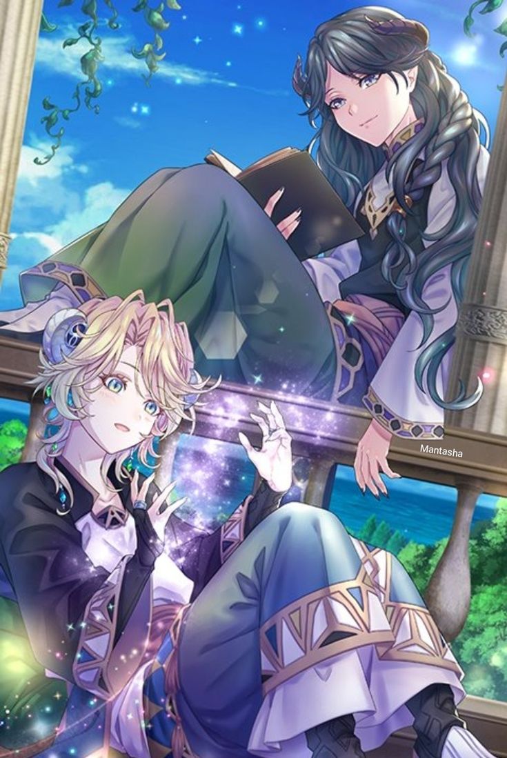 two anime characters sitting next to each other in front of a window with the sky behind them