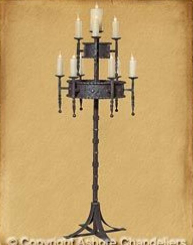 an old fashioned candle holder with many lit candles on the top and bottom, against a beige background