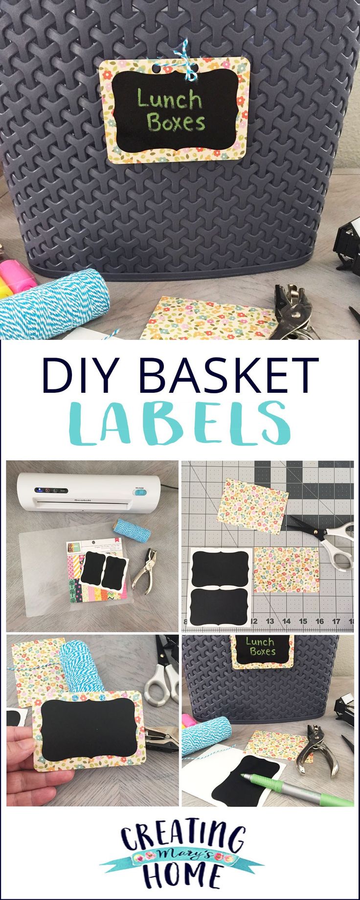 the instructions for how to make a diy basket with labels on it, including scissors and