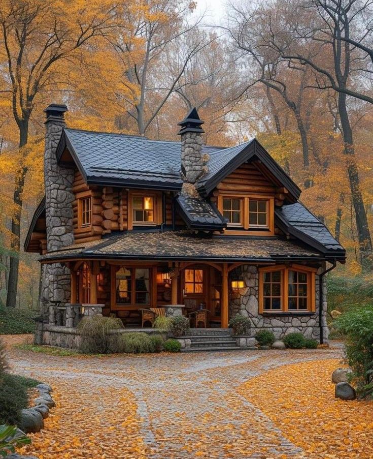 a small log cabin in the woods surrounded by leaves