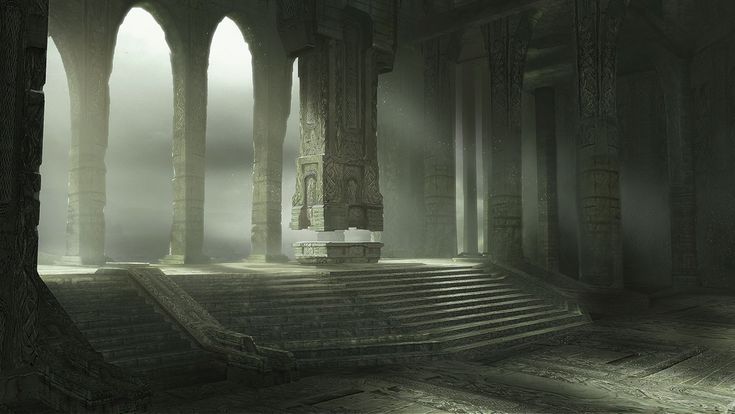 the interior of an ancient building with columns and steps leading up to it in foggy weather