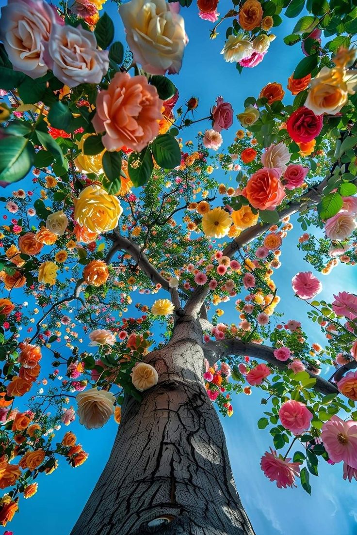 a tree with lots of colorful flowers growing on it's trunk and leaves flying in the air