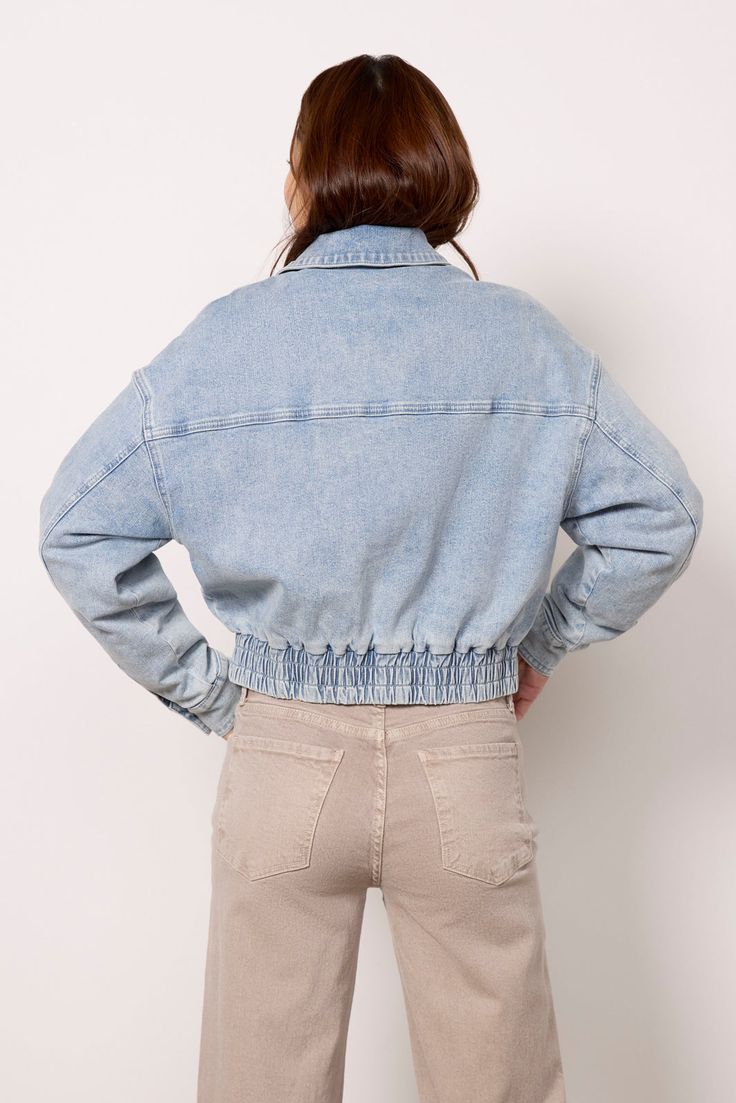 Elevate your layering collection with this denim bomber jacket by Avec Les Filles. Crafted in light-wash cotton denim with printed lining, this aviator-style silhouette features a front zip and snap closure, side pockets, and a back elastic hem. | AVEC LES FILLES Women's Denim Bomber Jacket, Size XL, Blue Aviator Style, Medium Blue, Denim Women, Snap Closure, Layering, Bomber Jacket, Size Medium, Elastic, Blue