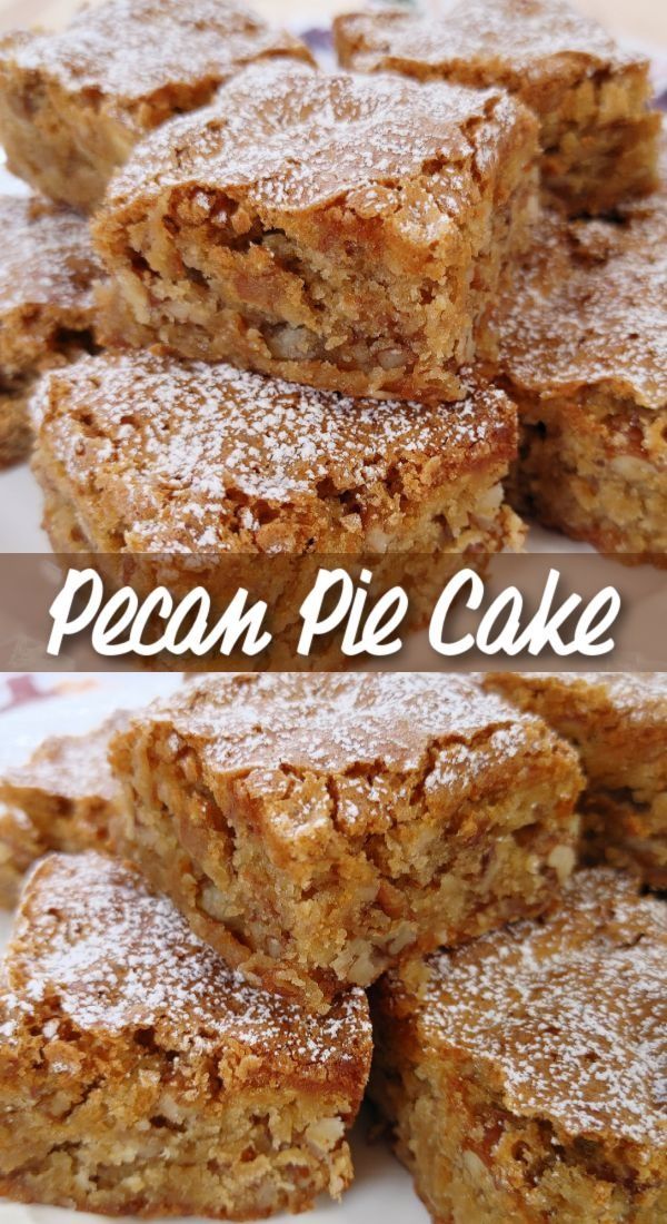 several pieces of pecan pie cake on a plate with the words pecan pie cake above it