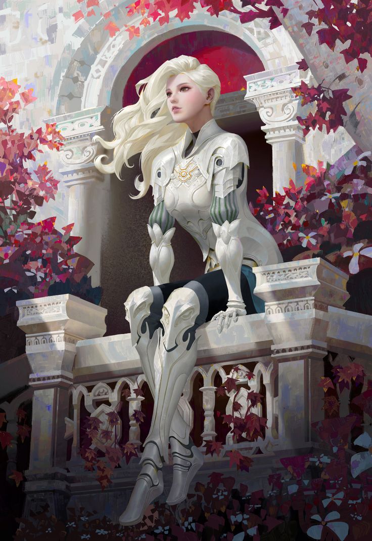 a digital painting of a woman sitting on top of a building with flowers in the background