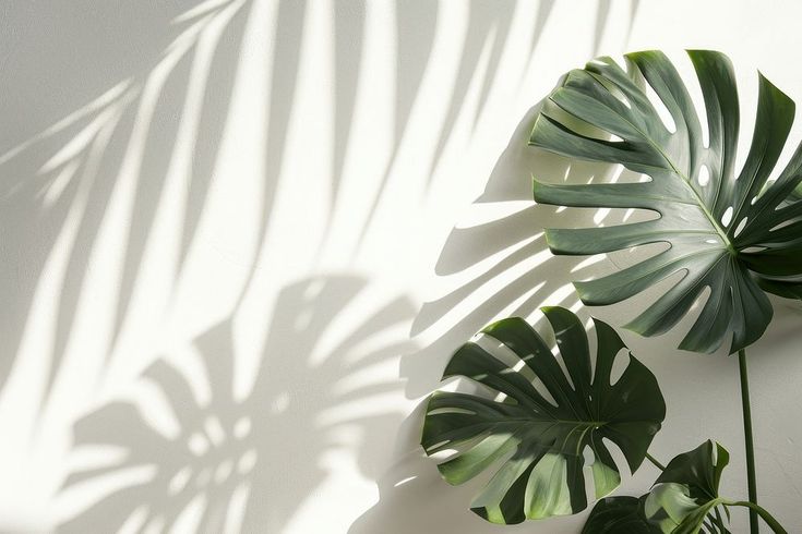 two large green leaves on a white wall with shadows from the shadow of one plant